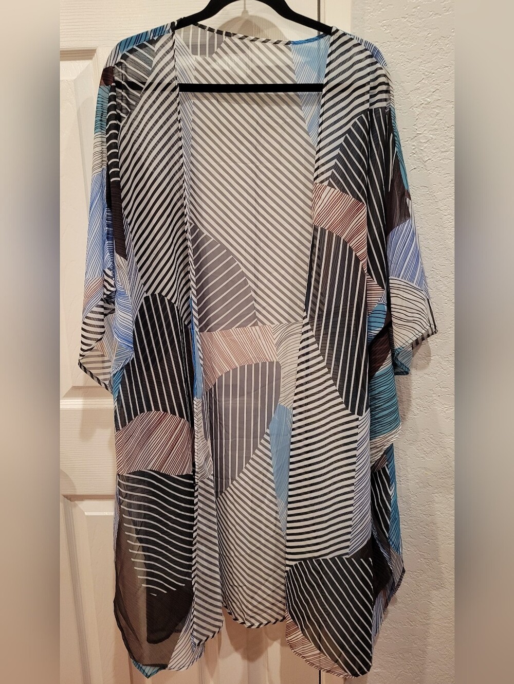 Striped Geometric Sheer Kimono - Black, White, Blue, Taupe